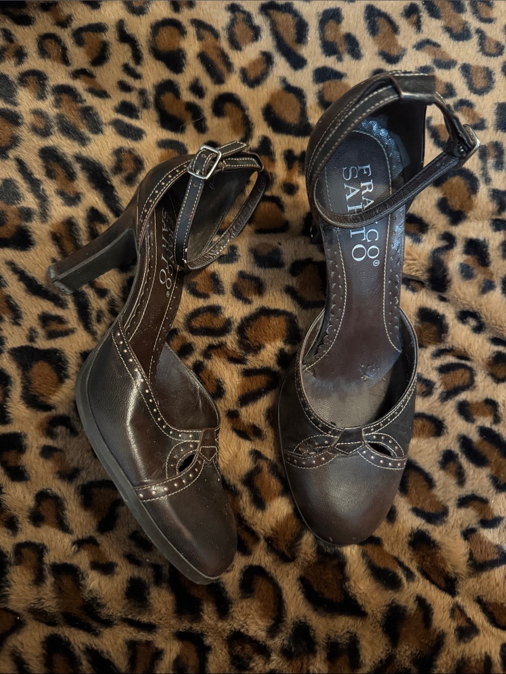Franco Sarto Brown Leather Ankle-Strap Heels